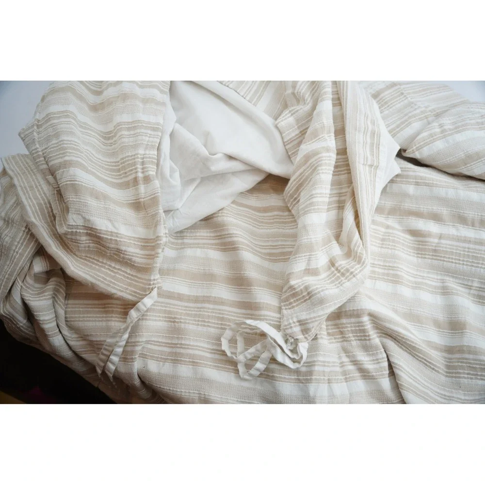 Pottery Barn Duvet Cover King/Cal King Tan White Striped Cotton Excellent